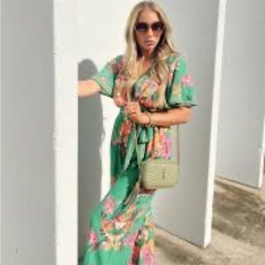 Flying Tomato Green Pink Ruffled Wrap Sundress